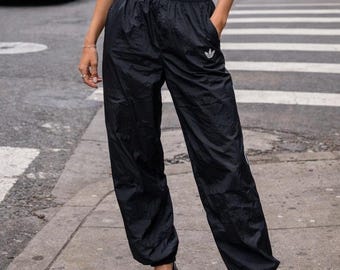 Vintage Adidas Nylon Track Pants Black Trefoil Logo Windbreaker Mens Large L S2