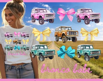 Bronco, Bronco Png, Bronco Babe, Bronco Babe Png, Coquette Bronco, 1975 Ford Bronco Bow Pink Teal Brown Sublimation Design DTF