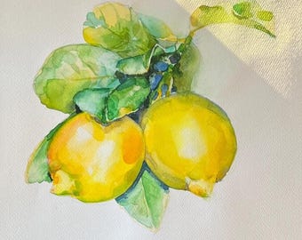 Lemon Watercolor Original Painting, Kitchen Wall Art 21x30 cm