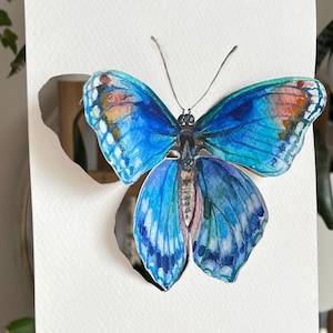 Small painting 3D butterfly, oraginal watercolor art, butterfly watercolor, blue butterfly painting image 1