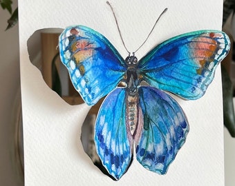 Small painting 3D butterfly, oraginal watercolor art, butterfly watercolor, blue butterfly painting