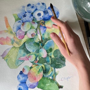 Blueberry watercolor painting, berries painting, kitchen art, blueberry art, original watercolor