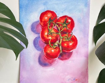 トマトの絵 - オリジナルの水彩画からのプリント、「2 つのトマト