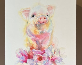 Sweet little pig wall art, painting little pig watercolor, piglet art, piglet painting original watercolor