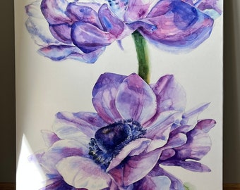 Large painting Anemones watercolor, Gift for Mom, purple anemones art, original watercolor painting