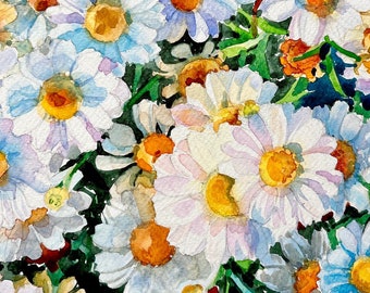 Daisies watercolor painting, wildflowers painting, wildflowers art, daisies art, original watercolor