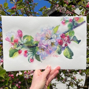 Pittura di mele in fiore, arte primaverile, regalo per la pittura floreale della mamma, opere d'arte originali ad acquerello