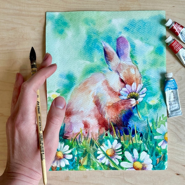 Small painting Rabbit watercolor, pink rabbit in chamomiles art, baby bunny painting nursery, original watercolor art