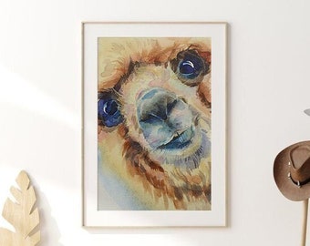 Cute llama digital print, alpaca digital Download, watercolor llama painting, nursery wall art