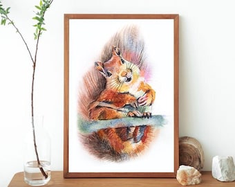 Squirrel printable, squirrel digital Download, watercolor squirrel painting, woodland animal nursery decor