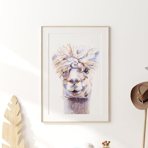 Digitale print lama, digitale download alpaca, aquarel lama schilderen, kunst aan de muur kinderkamer