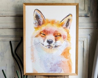 Happy fox printable, watercolor fox digital Download, baby fox painting, nursery wall art