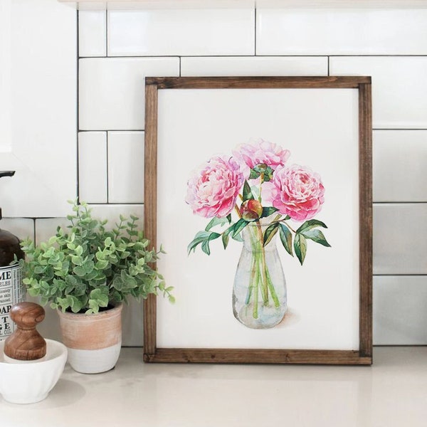 Watercolor peonies print, peonies digital Download, bouquet of peonies printable, pink peonies in a vase