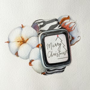Apple Watch Malerei Aquarell, Weihnachtskunst, Merry Christmas Wunschkarte, Weihnachtsuhr