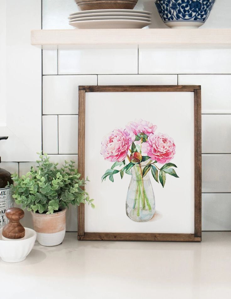 Watercolor Peonies Print: Pink Floral Bouquet in Vase (Digital Download)