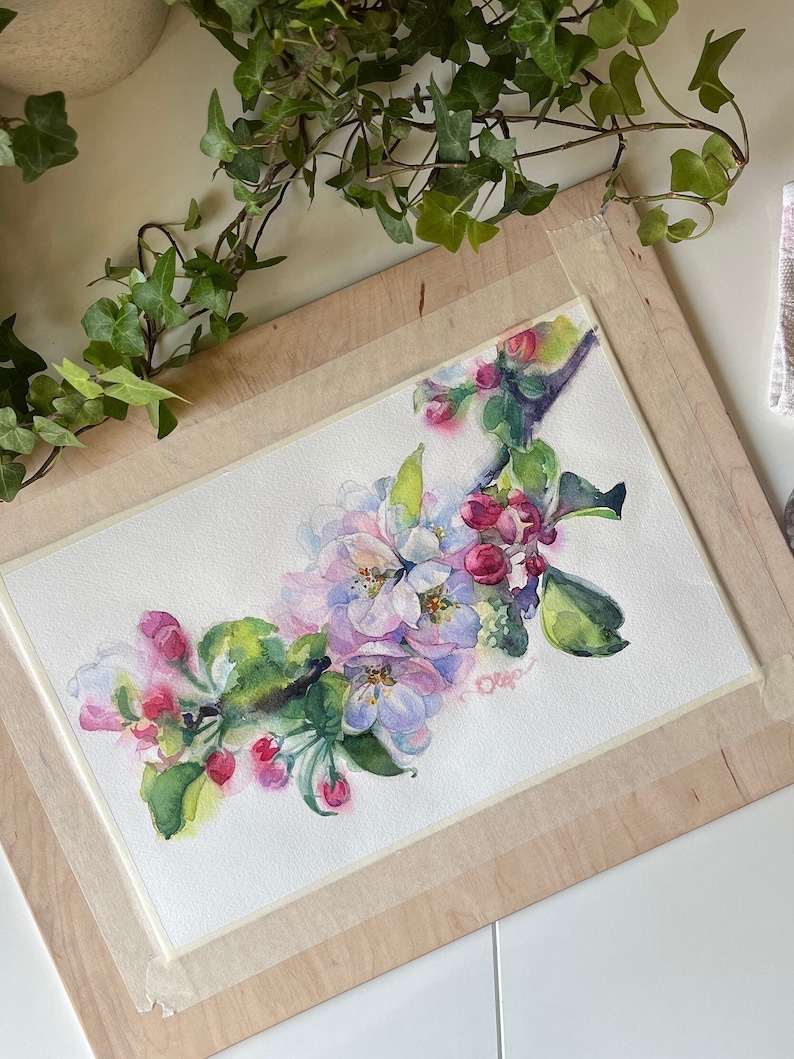 Blommande äppelträd i akvarell: Vårblomsterkonst 21 x 33 cm bild 9