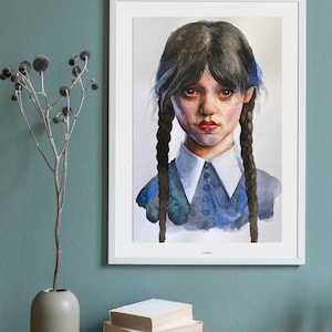 Portrait du mercredi Addams : aquarelle faite main (21 x 30 cm)