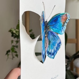 Small painting 3D butterfly, oraginal watercolor art, butterfly watercolor, blue butterfly painting image 3