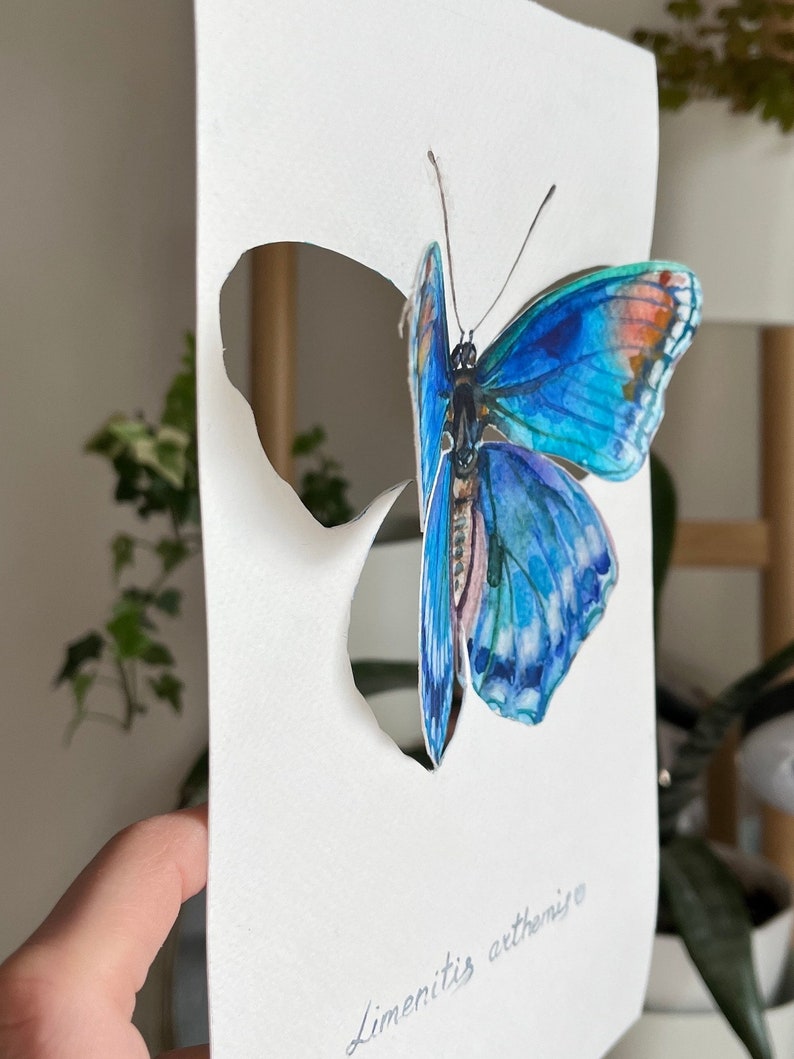 Small painting 3D butterfly, oraginal watercolor art, butterfly watercolor, blue butterfly painting image 3