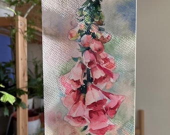 Original Rosa Blommor Drömmar Akvarell: Hög Blomsterkonst 11 x 26 cm