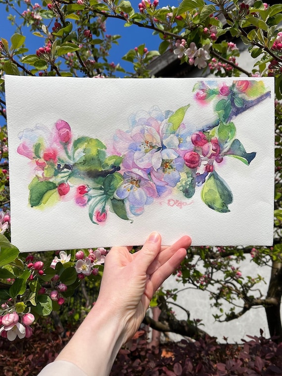 Blossom apple painting, spring art, gift for Mom flower painting, original watercolor artwork