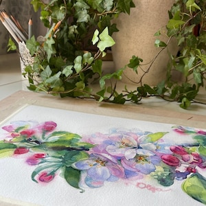 Blommande äppelträd i akvarell: Vårblomsterkonst 21 x 33 cm bild 8