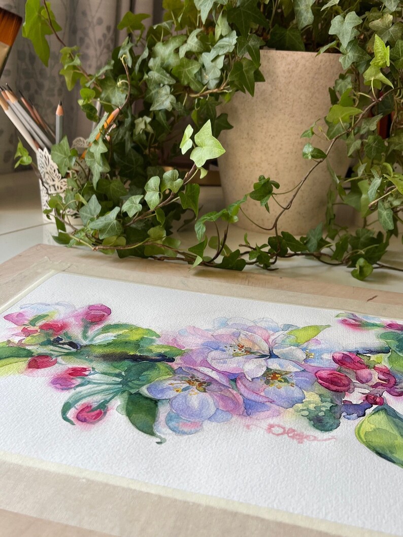 Blommande äppelträd i akvarell: Vårblomsterkonst 21 x 33 cm bild 8