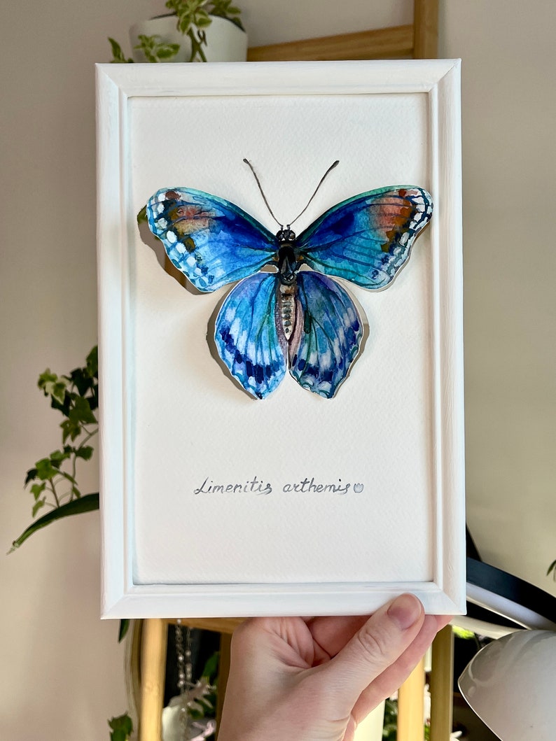 Small painting 3D butterfly, oraginal watercolor art, butterfly watercolor, blue butterfly painting image 9