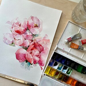 Red roses watercolor small art, red roses painting, pink rose painting, original watercolor art image 3