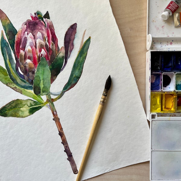 Small art protea watercolor, protea painting, watercolor protea, original painting