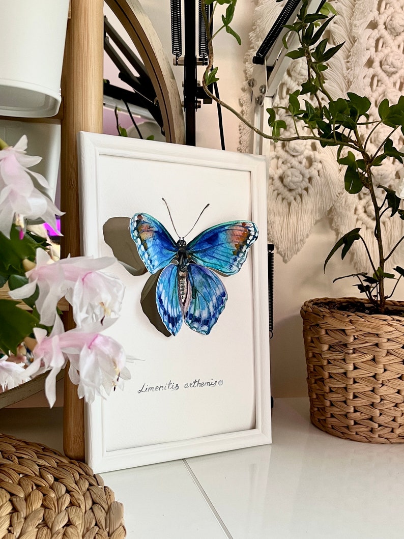Small painting 3D butterfly, oraginal watercolor art, butterfly watercolor, blue butterfly painting image 10