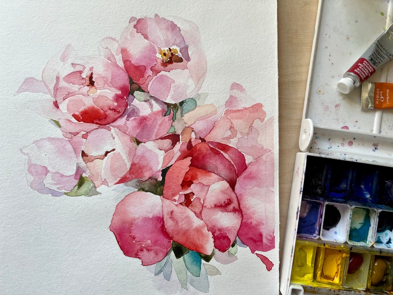 Red roses watercolor small art, red roses painting, pink rose painting, original watercolor art image 1