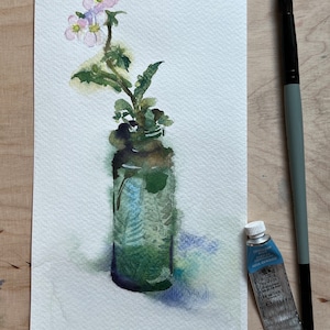 花瓶の中の小さな花の絵、花の水彩画、花の絵、オリジナルの水彩画