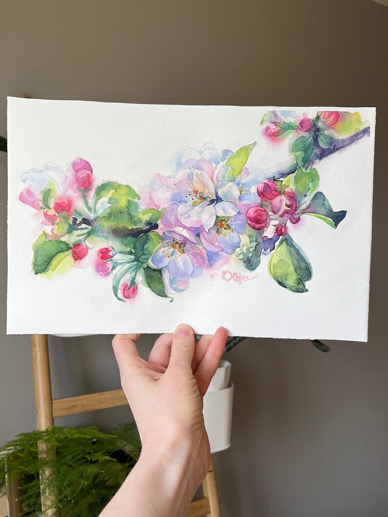 Blommande äppelträd i akvarell: Vårblomsterkonst 21 x 33 cm bild 10