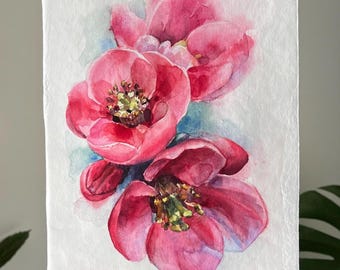 Blommande kvitten akvarellmålning: Botanisk blomkonst 17,5 x 25 cm