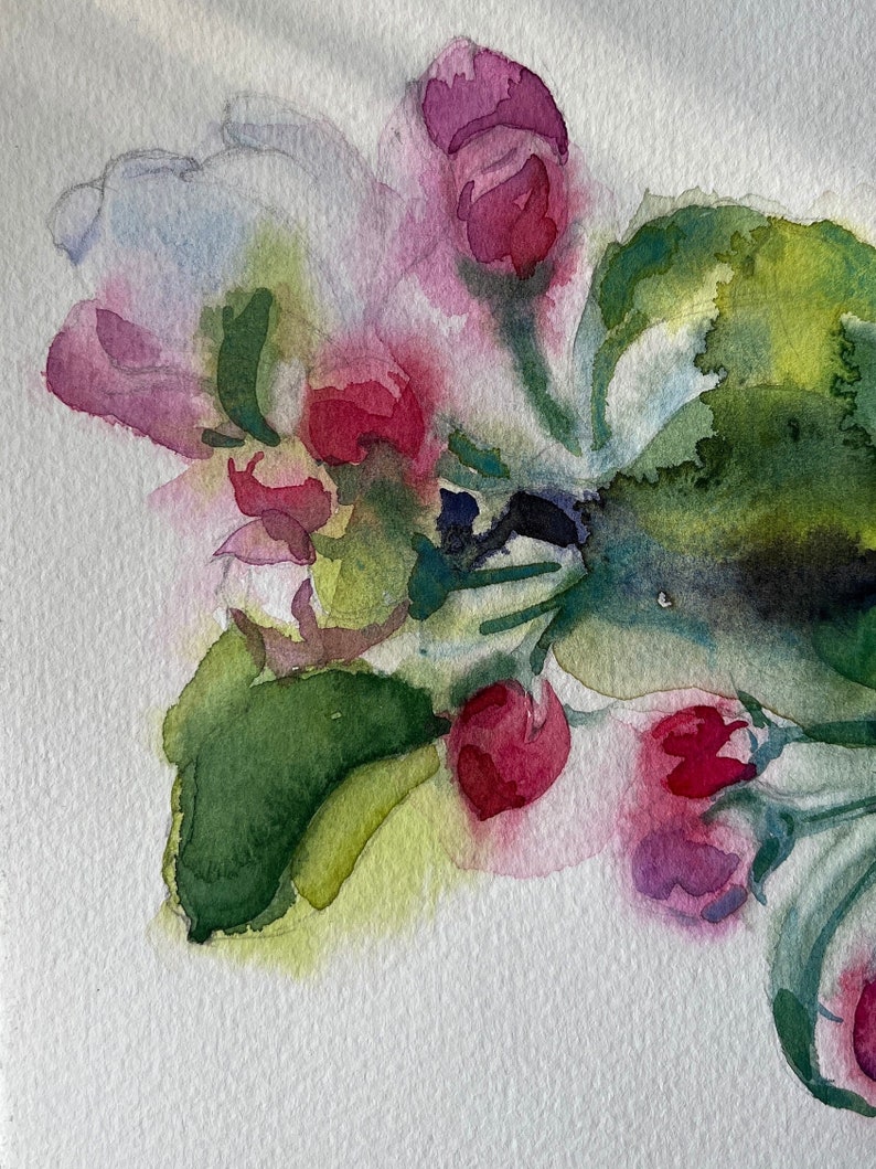 Blommande äppelträd i akvarell: Vårblomsterkonst 21 x 33 cm bild 2