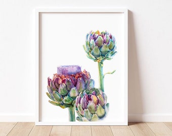 Artichoke digital print, large prints wall art, watercolor artichoke poster, kitchen wall art