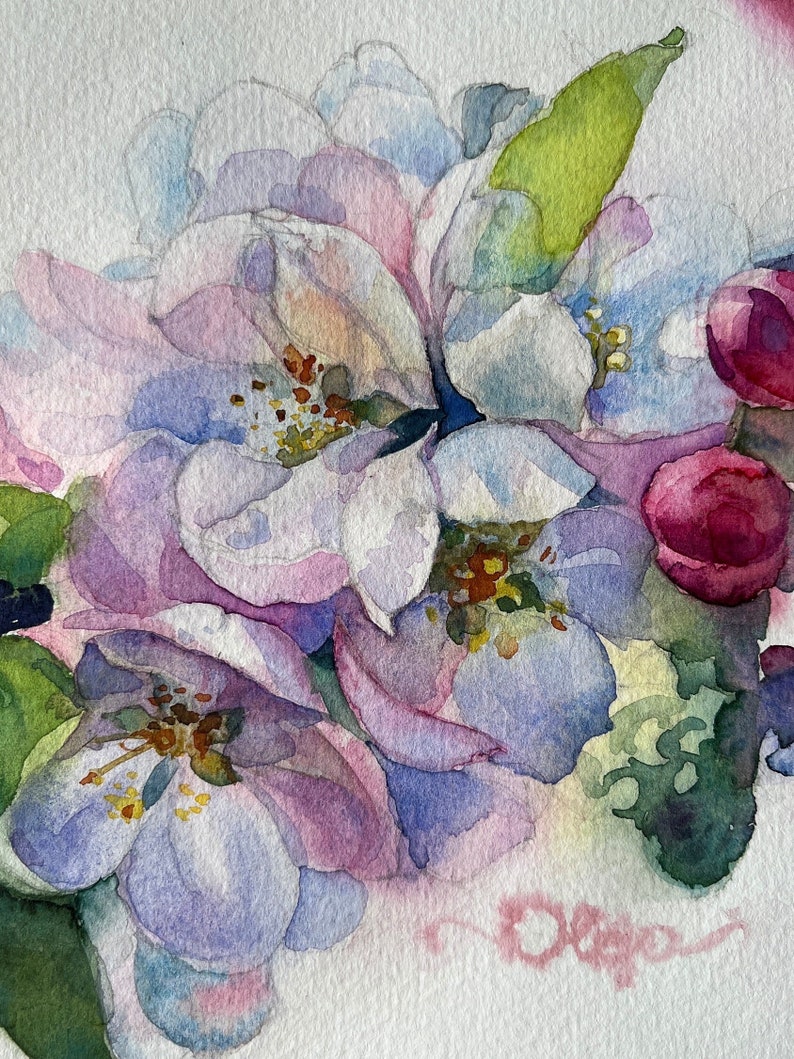 Blommande äppelträd i akvarell: Vårblomsterkonst 21 x 33 cm bild 4