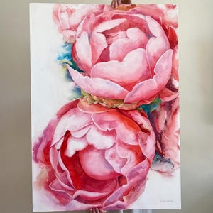 Camellia painting watercolor, flowering tree art, large wall art, pink painting