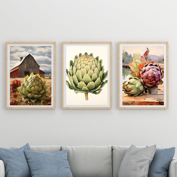 Printable artichoke art print Set of 3 - New boho autumn colors - Barn and Artichoke Botanical Print - Digital Downloadable Art - Home Decor