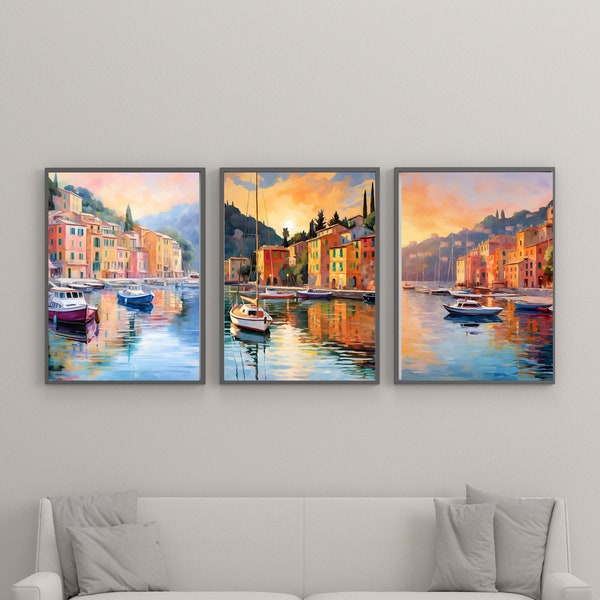 Portofino Set of 3 prints, Italy Print, Seascape Painting, Impressionist Painting, Living Room Wall Art, Large Art, Italian Riveria