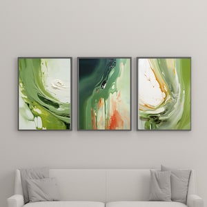 Sage Green Wall Art Set of 3, Digital Downloadable Art, Abstract Poster, Green Abstract Prints, Sage Green Print Set, Dripping Wall Art