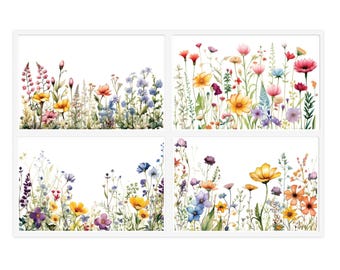 May include: Four watercolour paintings of colourful wildflowers in a white frame. Each painting features a different arrangement of flowers, including yellow, pink, purple, and blue blooms.