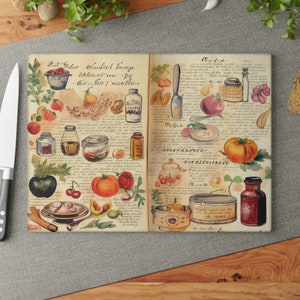 Vintage Cookbook Glass Cutting Board, Charcuterie Board, Wedding or New Home Gift, Wedding Gifts, Birthday Gifts, Mother&#39;s Day Gift