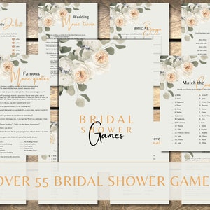 Digital printable Bridal Shower games for wedding showers, includes 55+ games and answer key! fully customizable, editable, gold & floral