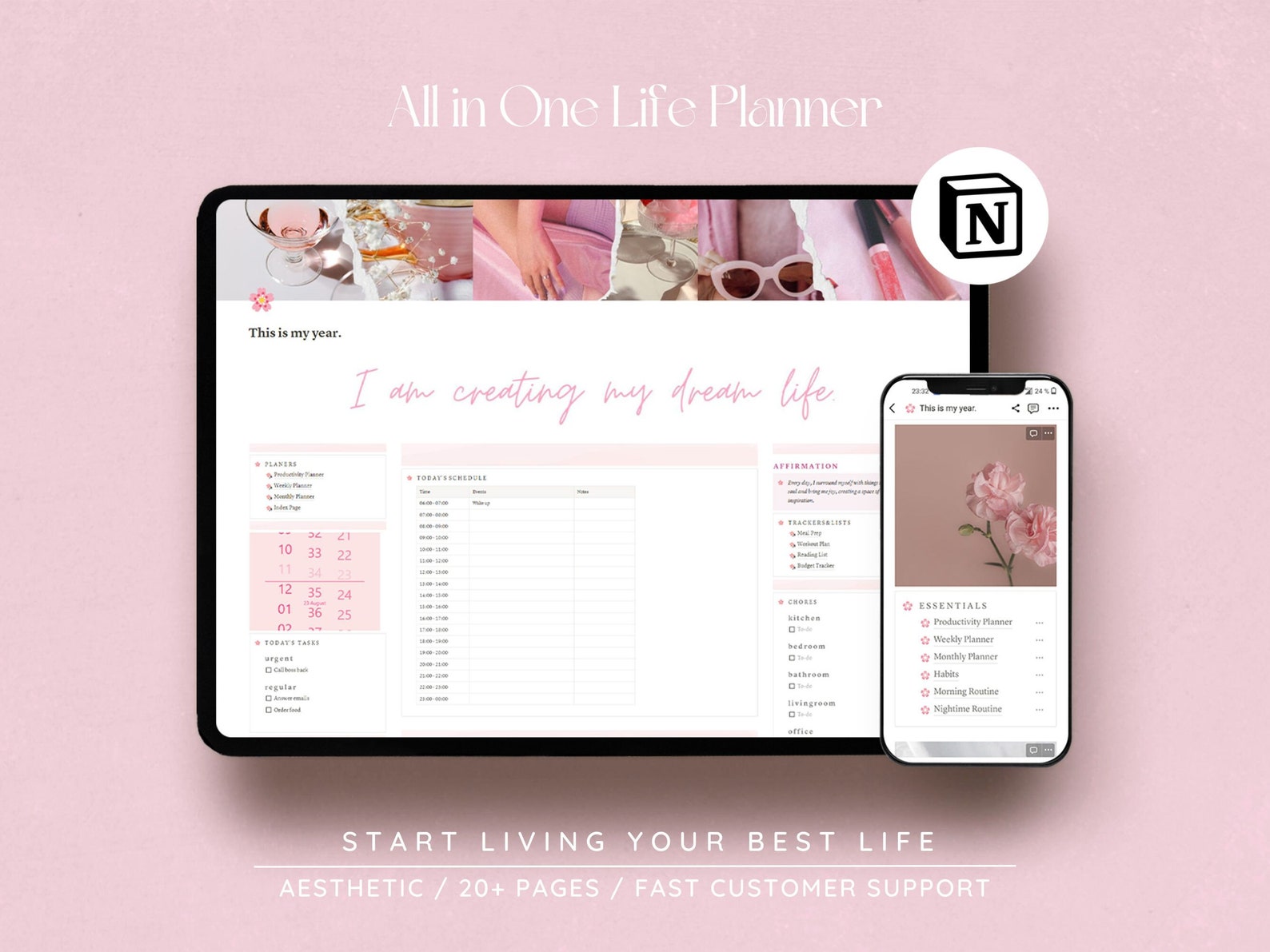 Notion All in One Life Planner / 2024 Notion Planner Template, Pink ...