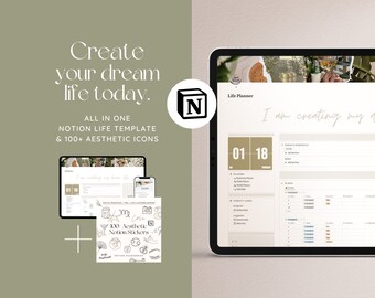 Notion All In One Life Planner / 2024 Notion template, Aesthetic life planner, digital notion planner, Notion planner, That Girl, Green