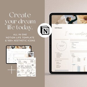 Notion Template Aesthetic Life Planner, Notion Planner, Notion Template, That Girl Notion Dashboard, That Girl Digital Planner, Notion Icons