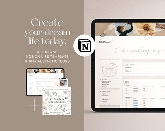Notion Template Aesthetic Life Planner, Notion Planner, Notion Template, That Girl Notion Dashboard, That Girl Digital Planner, Notion Icons
