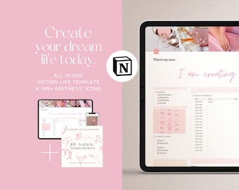 Notion All In One Life Planner / 2024 Notion Planner Template, Aesthetic life planner, digital notion planner, mid-year Notion planner, Pink